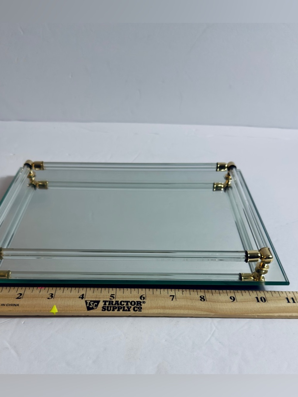 Vintage vanity dresser tray, mirrored base, glass railing, and brass accents. - Picture 4 of 8